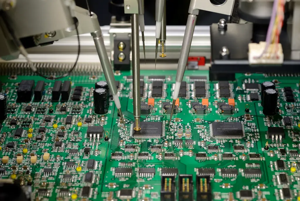 Flying Probe Tester beim Testen einer Platine