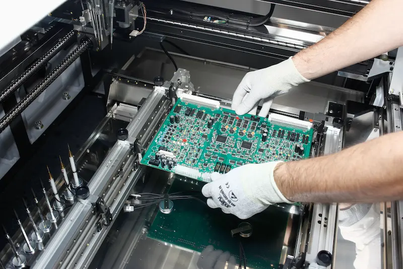 Zwei Hände setzen ein Bauteil in einen Flying Probe Tester ein